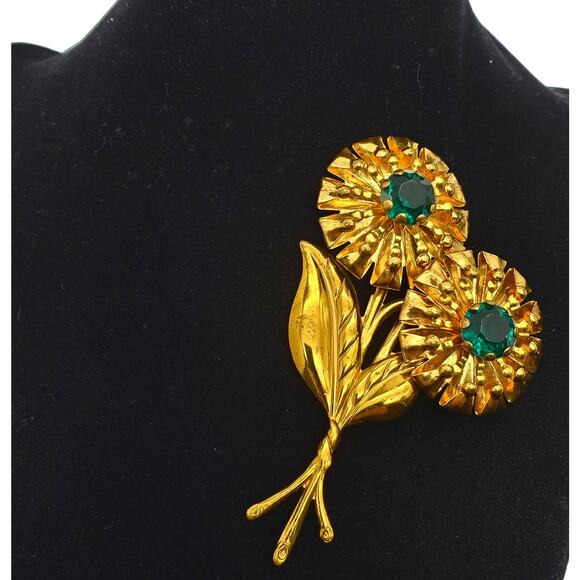 Green Rhinestone Double Flower Brooch Gold Tone Bouquet Spray Pin Large Vtg 40s - Picture 4 of 9